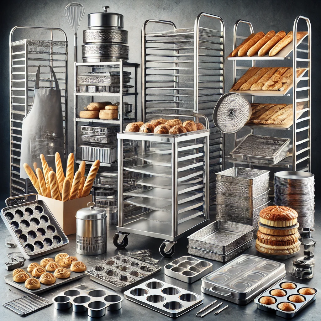 DALL·E 2024-10-21 22.01.53 - A set of professional bakery equipment displayed on a table, including cooling racks, baking trolleys, bread pans, aluminum baguette trays, stainless